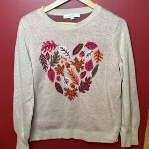 LOFT Cream Sweater with Heart Leaf Design